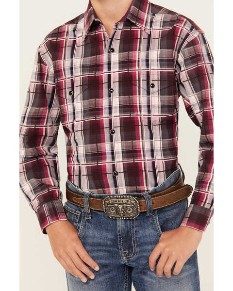 Image #3 - Panhandle Boys' Plaid Print Long Sleeve Snap Western Shirt, Maroon, hi-res