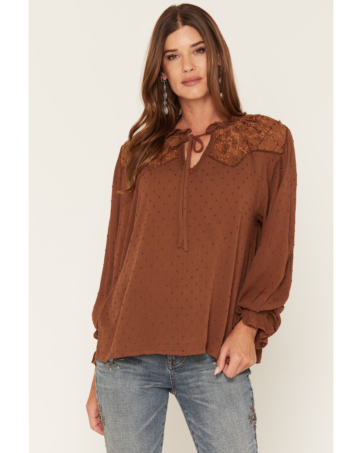 Image #1 - Miss Me Women's Lace Trim Long Sleeve Peasant Blouse, Camel, hi-res