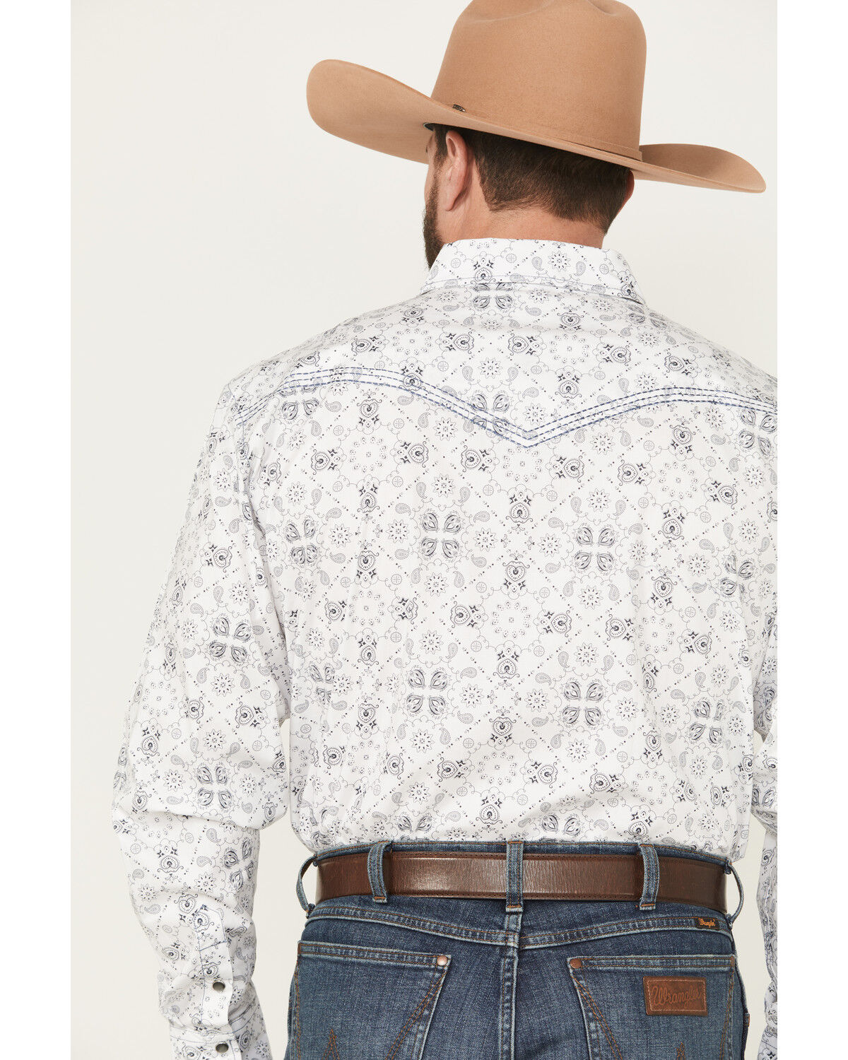 Image #4 - Cowboy Hardware Men's Bandana Print Long Sleeve Pearl Snap Stretch Western Shirt, White, hi-res