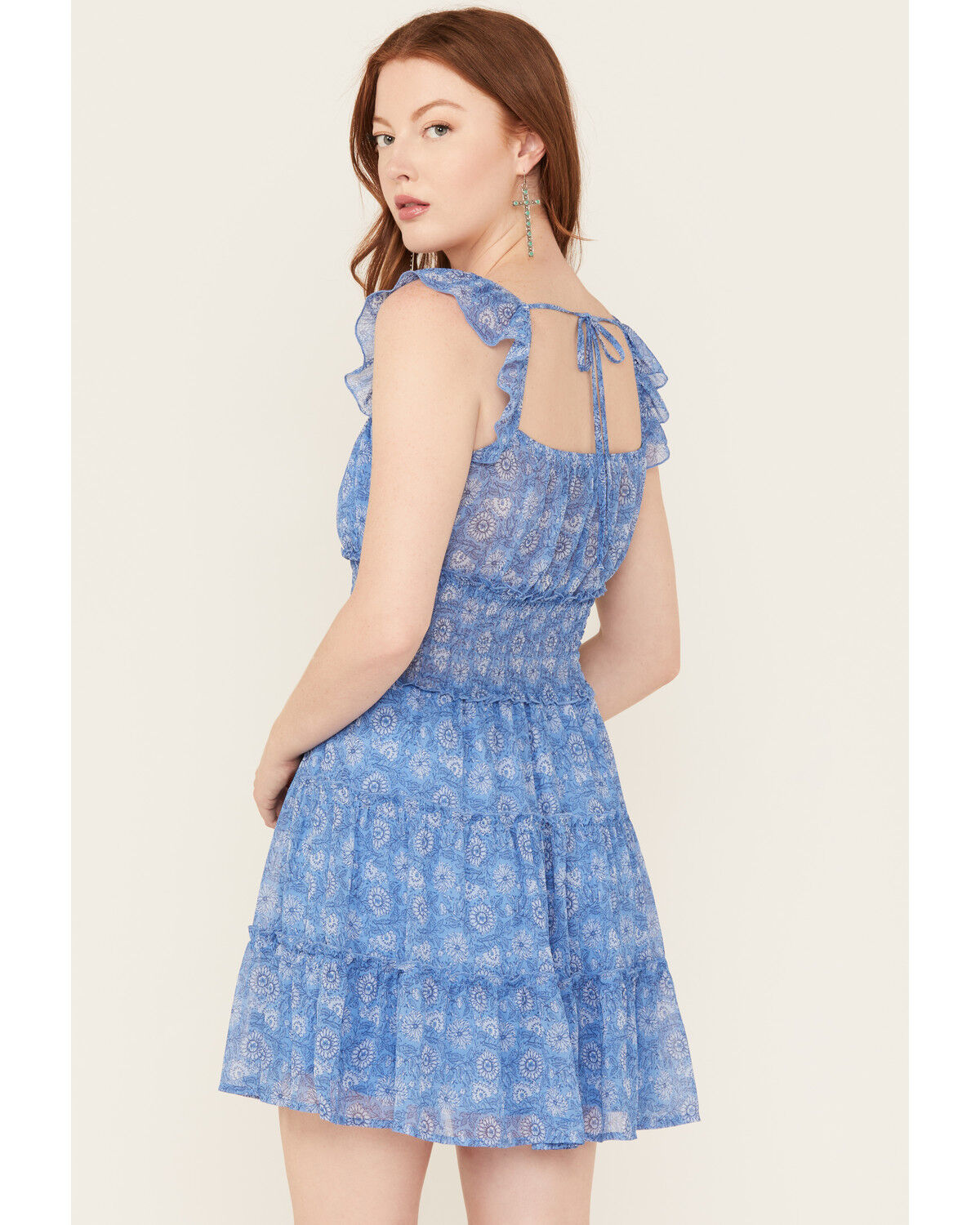 Image #4 - Trixxi Women's Floral Print Smocked Waist Mini Dress, Blue, hi-res