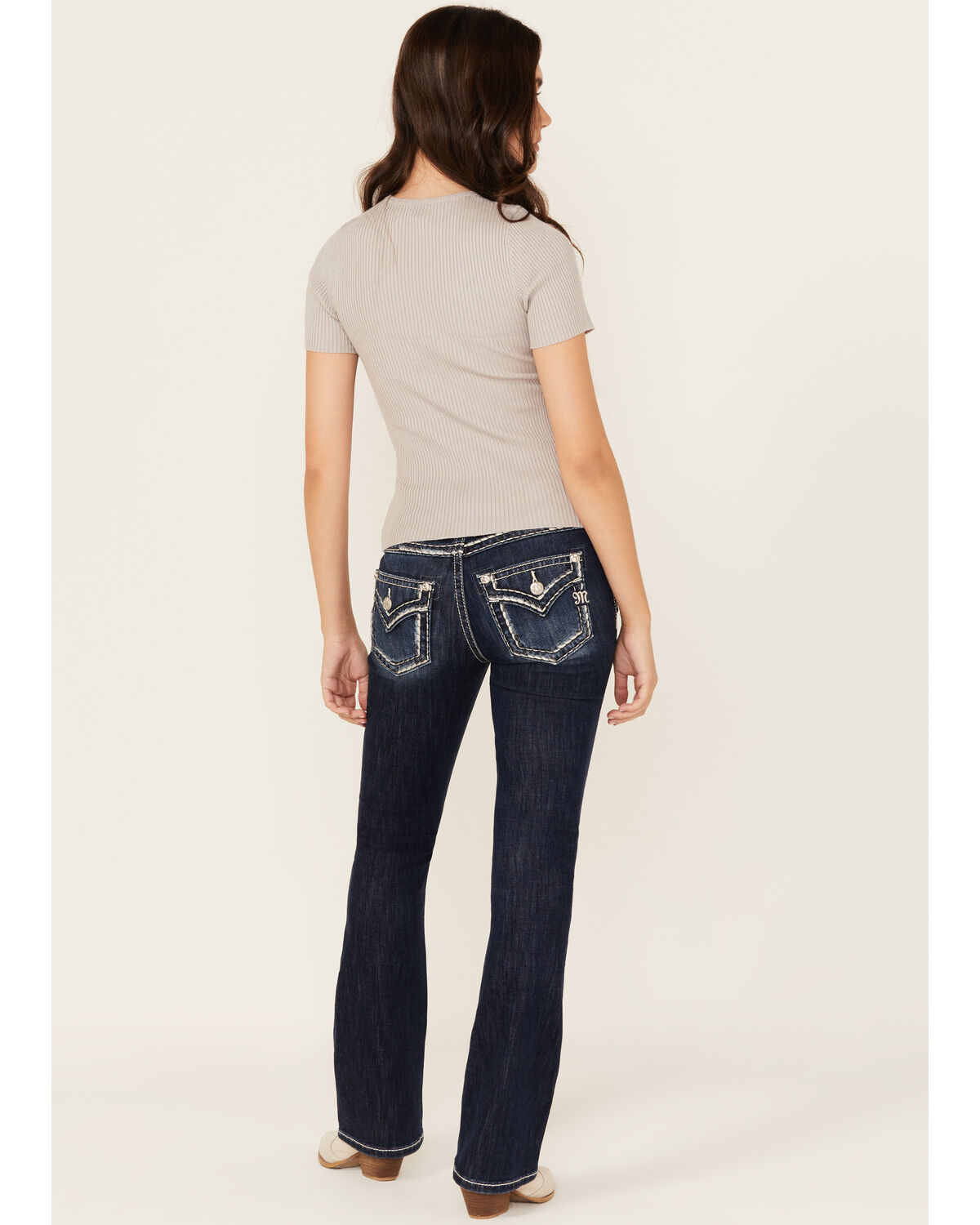 Image #1 - Miss Me Women's Dark Wash Mid Rise Border Pocket Bootcut Stretch Denim Jeans, Dark Wash, hi-res