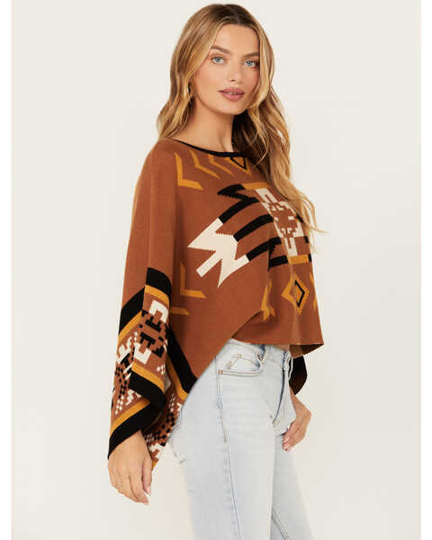 Image #2 - Cotton & Rye Women's Southwestern Print Poncho Sweater, Brown, hi-res