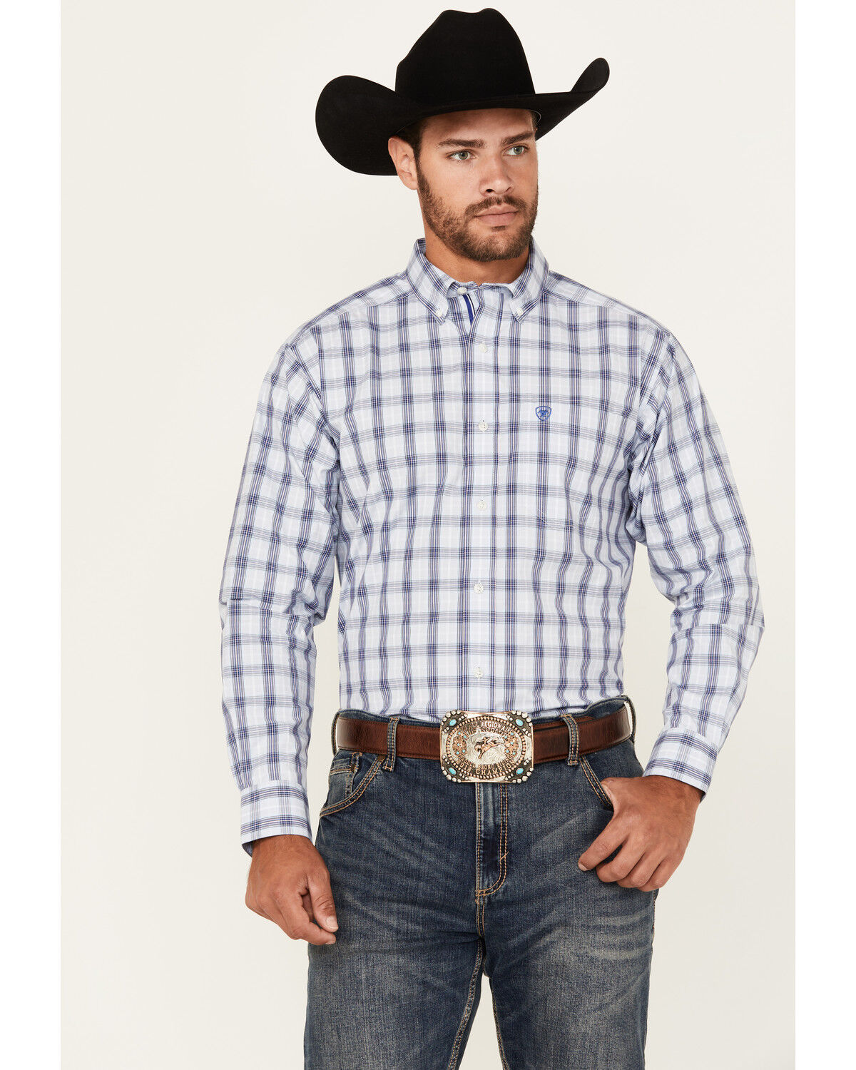 Image #1 - Ariat Men's Pro Series River Plaid Print Long Sleeve Button-Down Stretch Western Shirt, Light Blue, hi-res