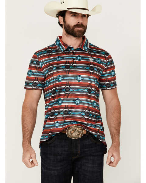 Image #1 - Rock & Roll Denim Men's Southwestern Striped Short Sleeve Stretch Polo Shirt , Red, hi-res