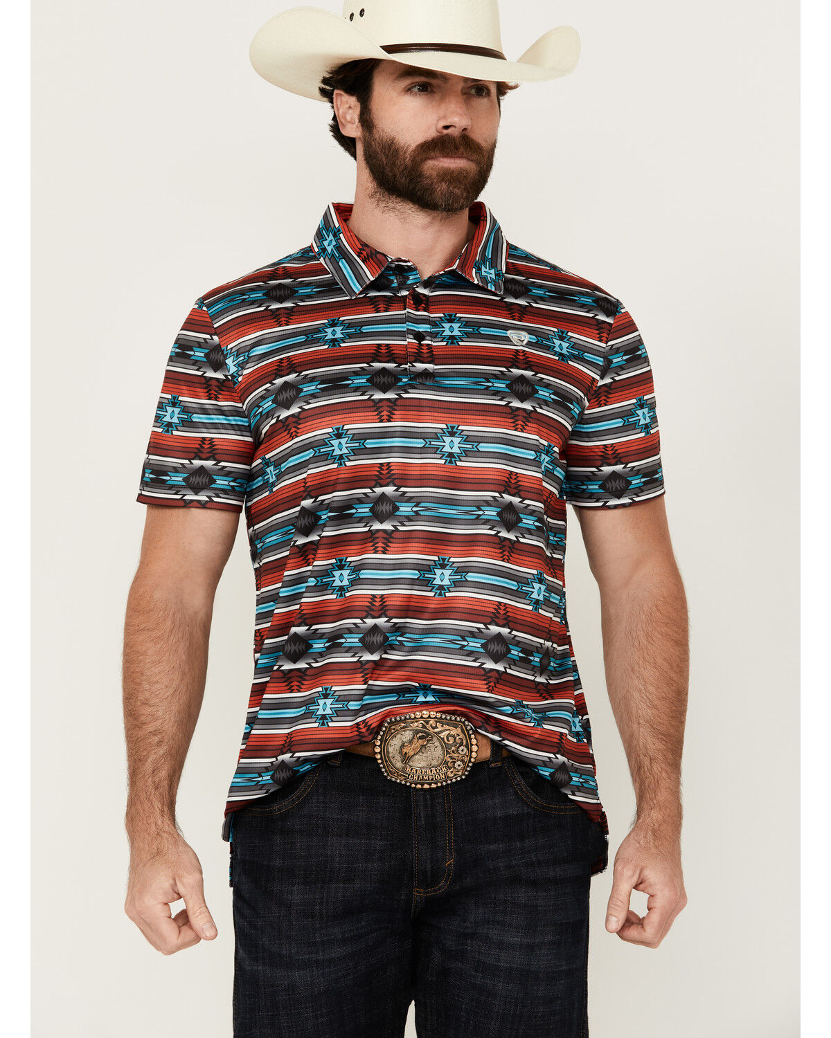 Image #1 - Rock & Roll Denim Men's Southwestern Striped Short Sleeve Stretch Polo Shirt, Red, hi-res