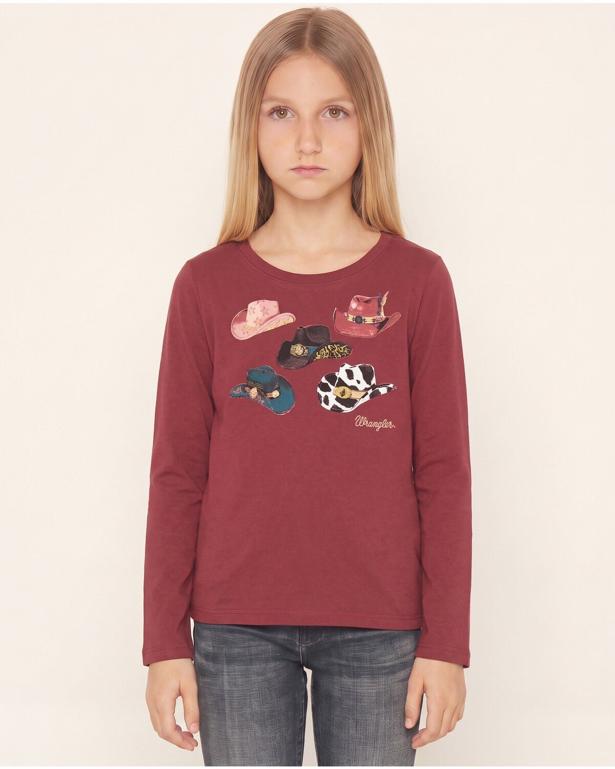 Image #1 - Wrangler Girls' Cowgirl Hat Long Sleeve Graphic Tee, Burgundy, hi-res