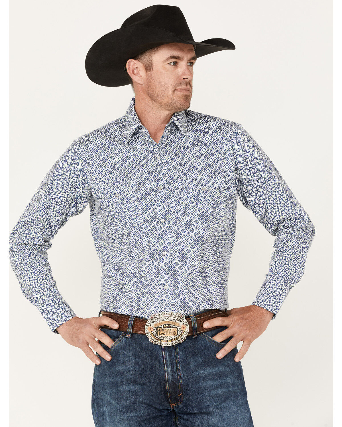 Image #1 - Ely Walker Men's Geo Print Long Sleeve Pearl Snap Western Shirt, Blue, hi-res