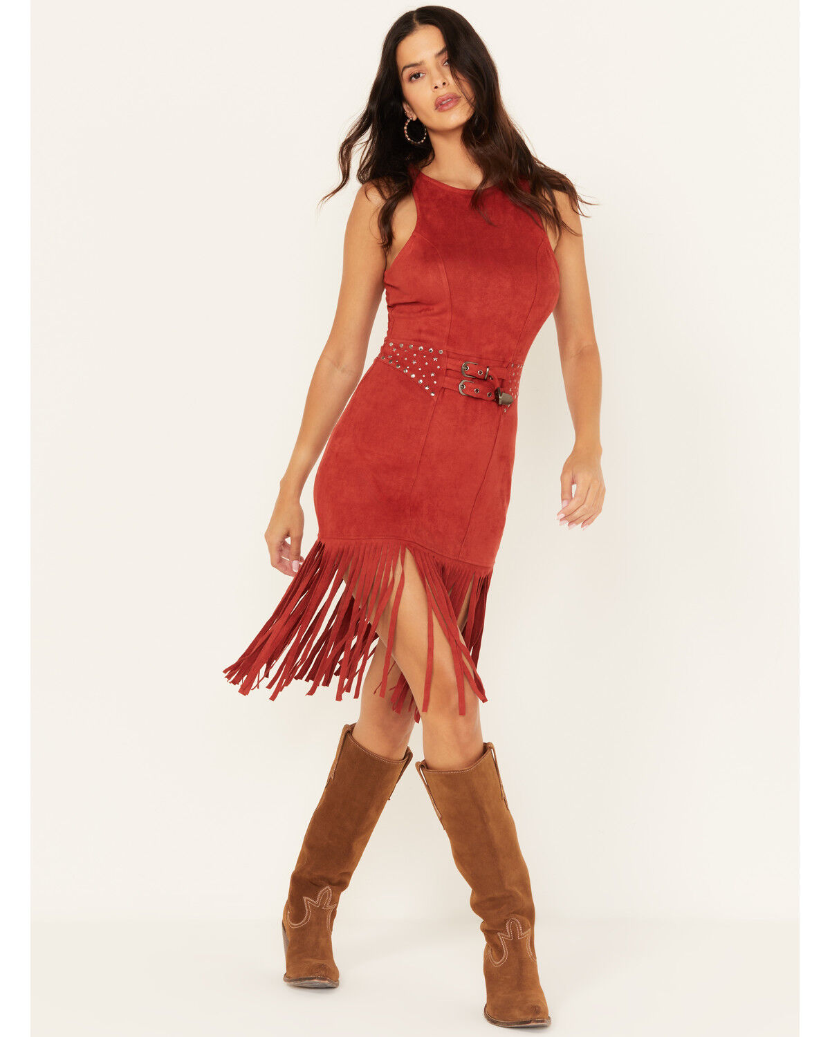 Image #1 - Rock & Roll Denim Women's Faux Suede Fringe Belted Mini Dress, Rust Copper, hi-res