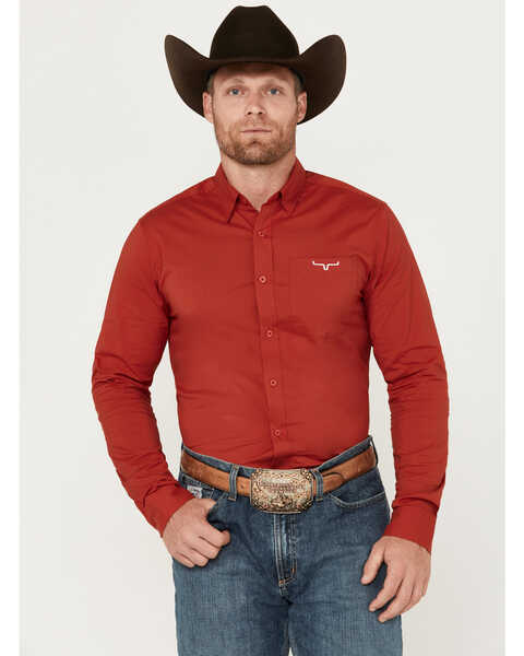 Image #1 - Kimes Ranch Men's Solid Long Sleeve Button Down Western Shirt, Red, hi-res