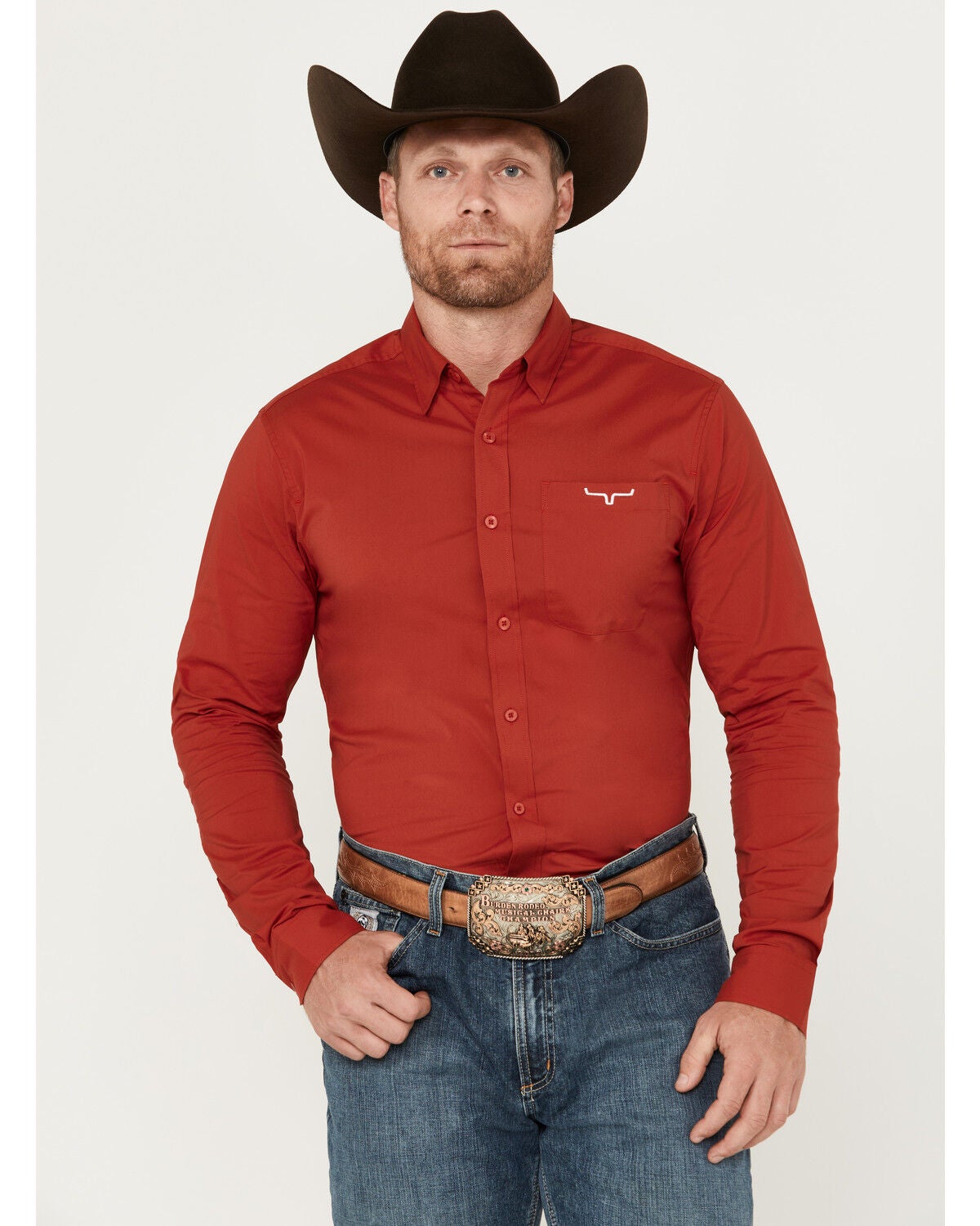 Image #1 - Kimes Ranch Men's Solid Long Sleeve Button Down Western Shirt, Red, hi-res