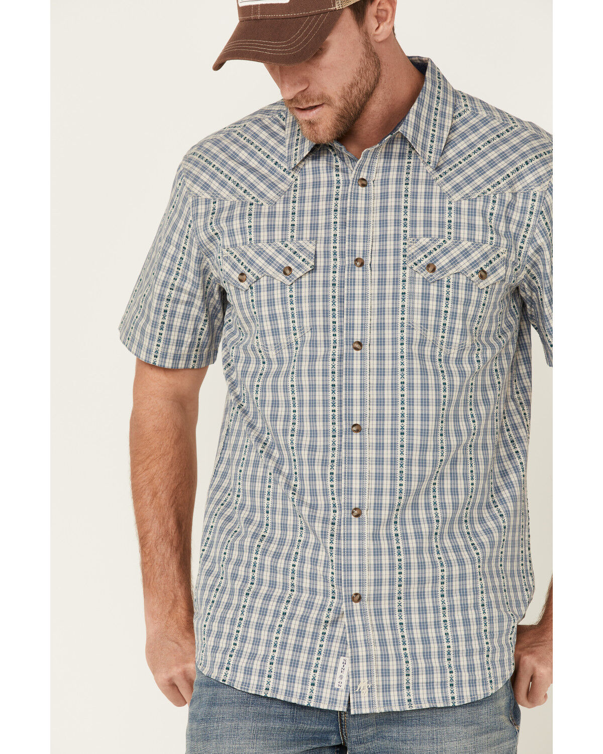 Image #3 - Moonshine Spirit Men's Santa Fe Dobby Plaid Short Sleeve Snap Western Shirt, Tan, hi-res