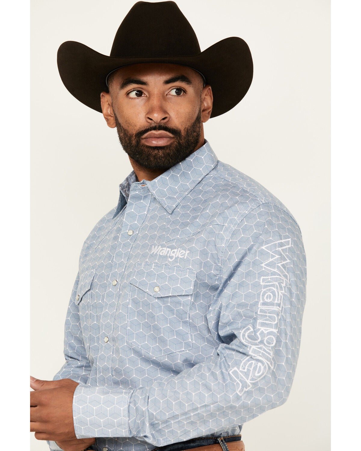 Image #2 - Wrangler Men's Geo Print Logo Long Sleeve Snap Western Shirt, Blue, hi-res