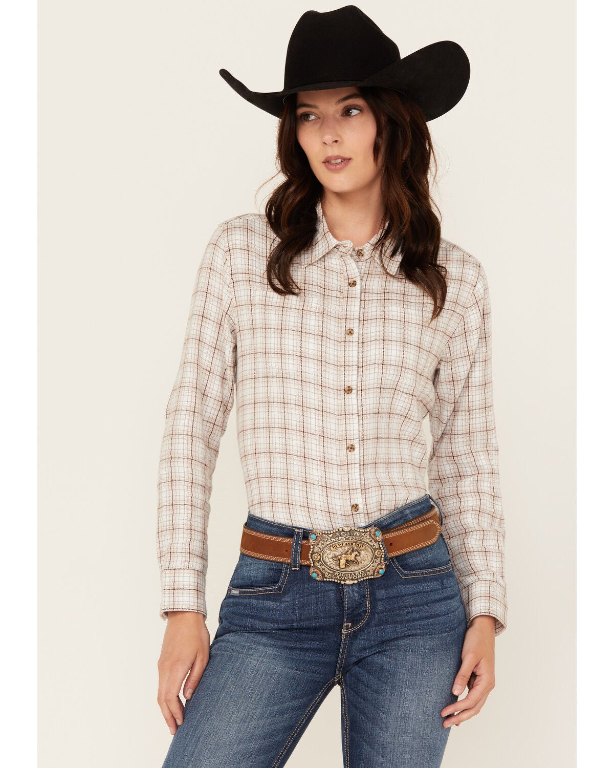 Shyanne Women's Plaid Print Long Sleeve Button-Down Western Shirt, Off White, hi-res