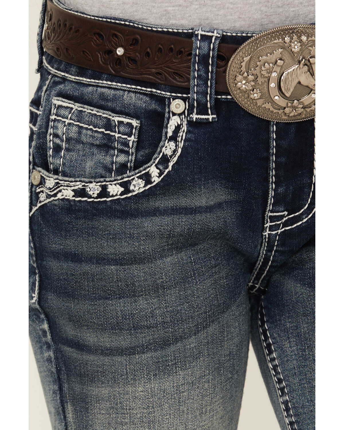 Image #4 - Shyanne Girls' Steerhead Embroidered Bootcut Stretch Denim Jeans, Blue, hi-res