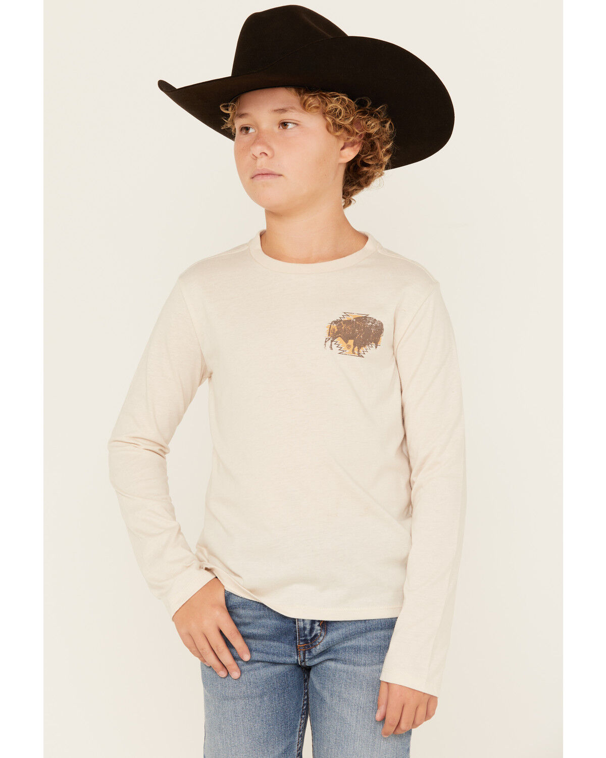 Image #1 - Rock & Roll Denim Boys' Buffalo Print Long Sleeve Graphic T-Shirt, Cream, hi-res