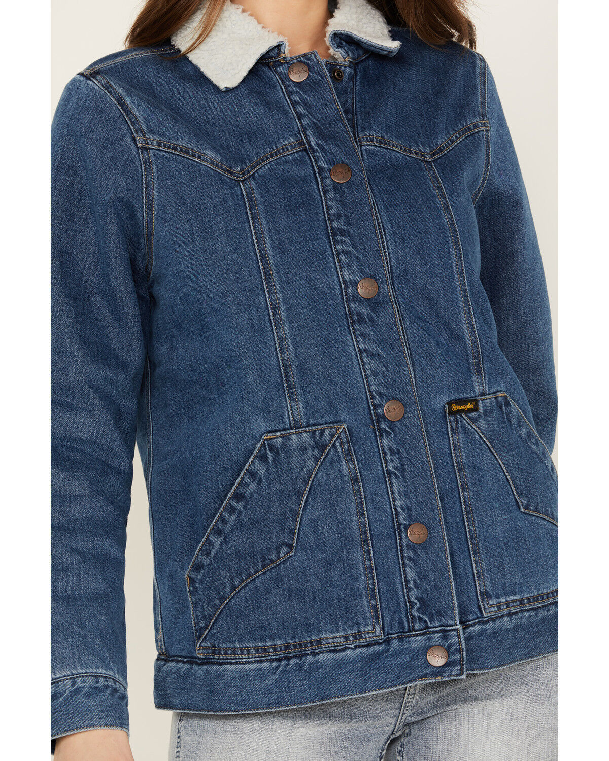 Image #3 - Wrangler Women's Medium Wash Denim Sherpa Lined Barn Coat, Medium Wash, hi-res