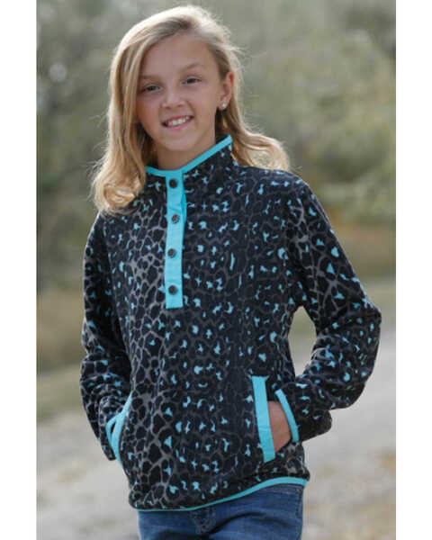 Cruel Girl Girls' Leopard Print 1/2 Snap Front Polar Fleece Pullover , Black, hi-res