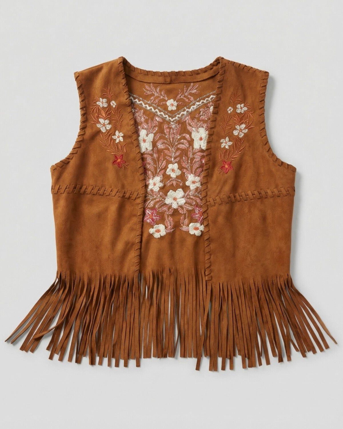 Image #2 - Fornia Girls' Floral Embroidered Faux Suede Vest, Camel, hi-res