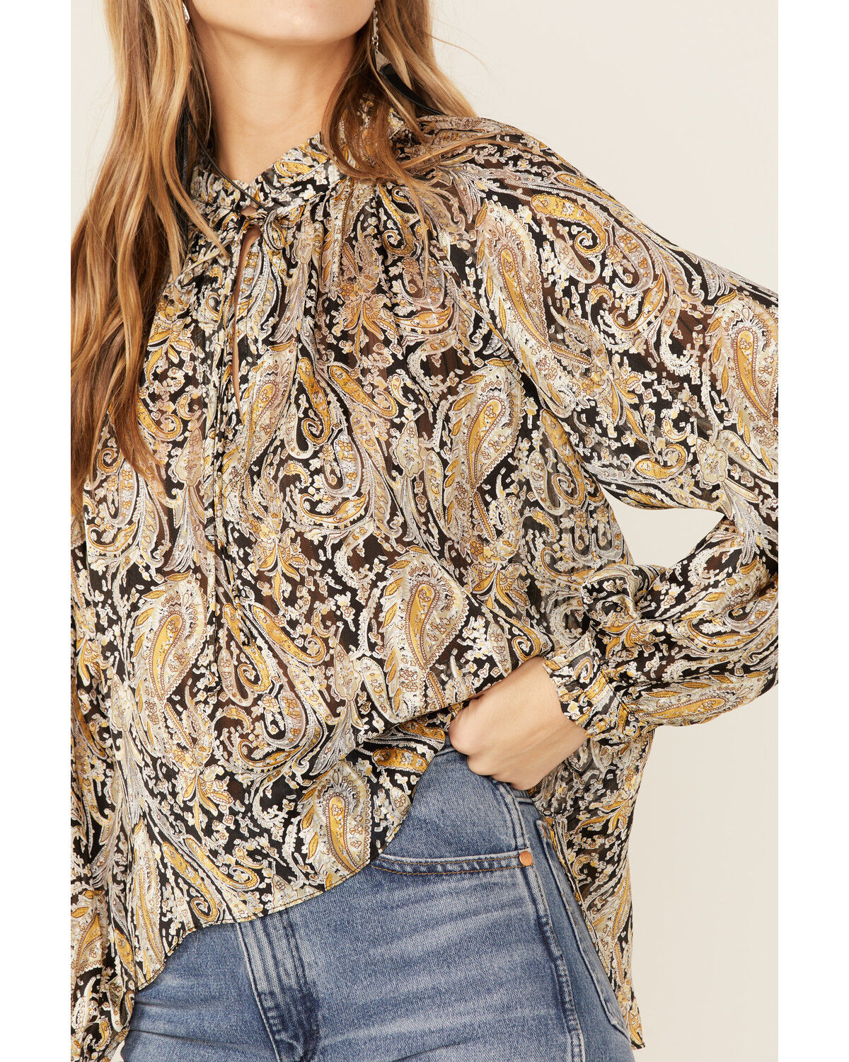 Image #2 - Revel Women's Paisley Print Long Sleeve Woven Chiffon Peasant Top, Black, hi-res
