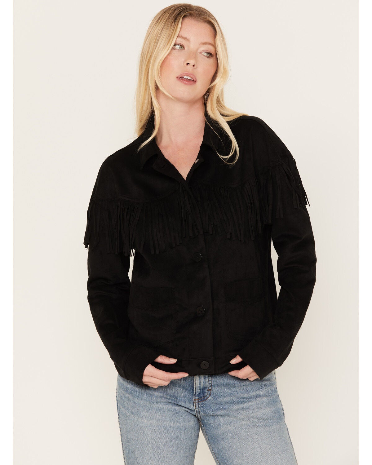 Image #1 - Cruel Girl Women's Faux Suede Fringe Shacket, Black, hi-res