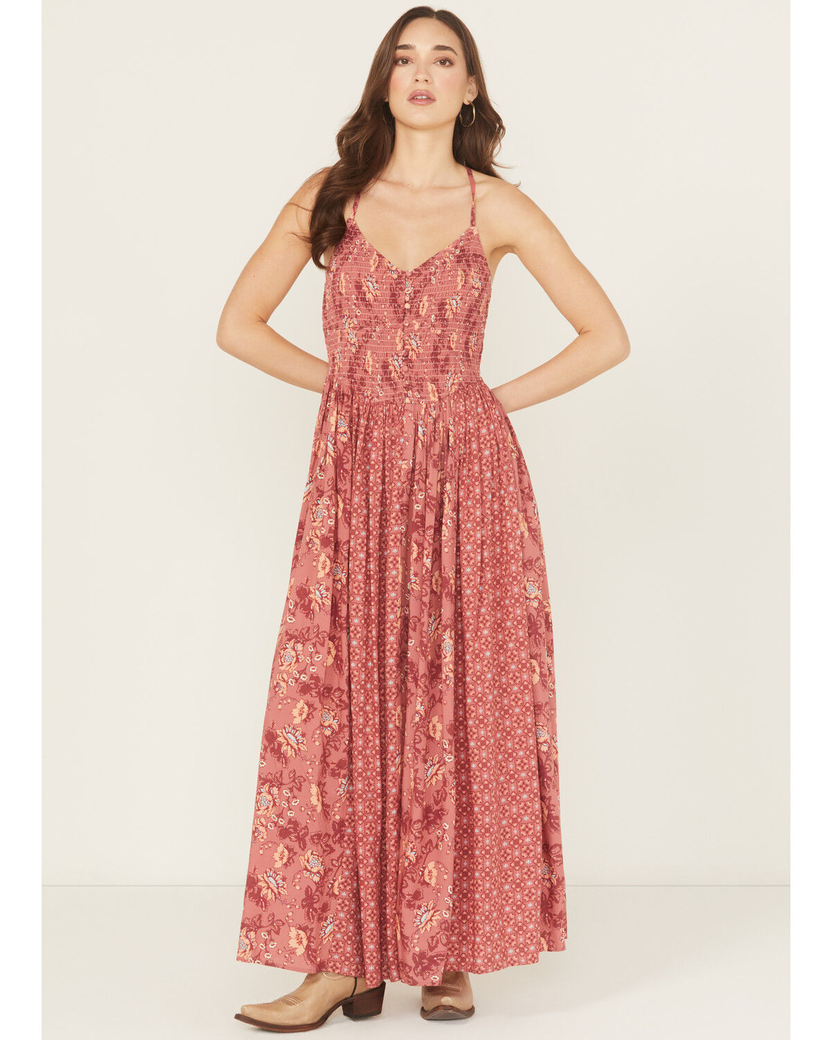 Image #1 - Rock & Roll Denim Women's Printed Sleeveless Maxi Dress, Mauve, hi-res