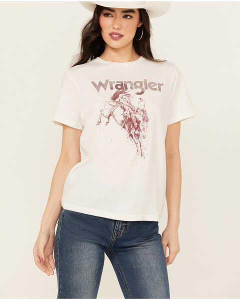 Image #1 - Wrangler Women's Bucking Bronco Logo Short Sleeve Graphic Tee , White, hi-res