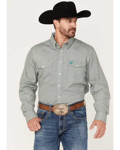 Panhandle Men's Select Geo Print Long Sleeve Button-Down Shirt, Green, hi-res