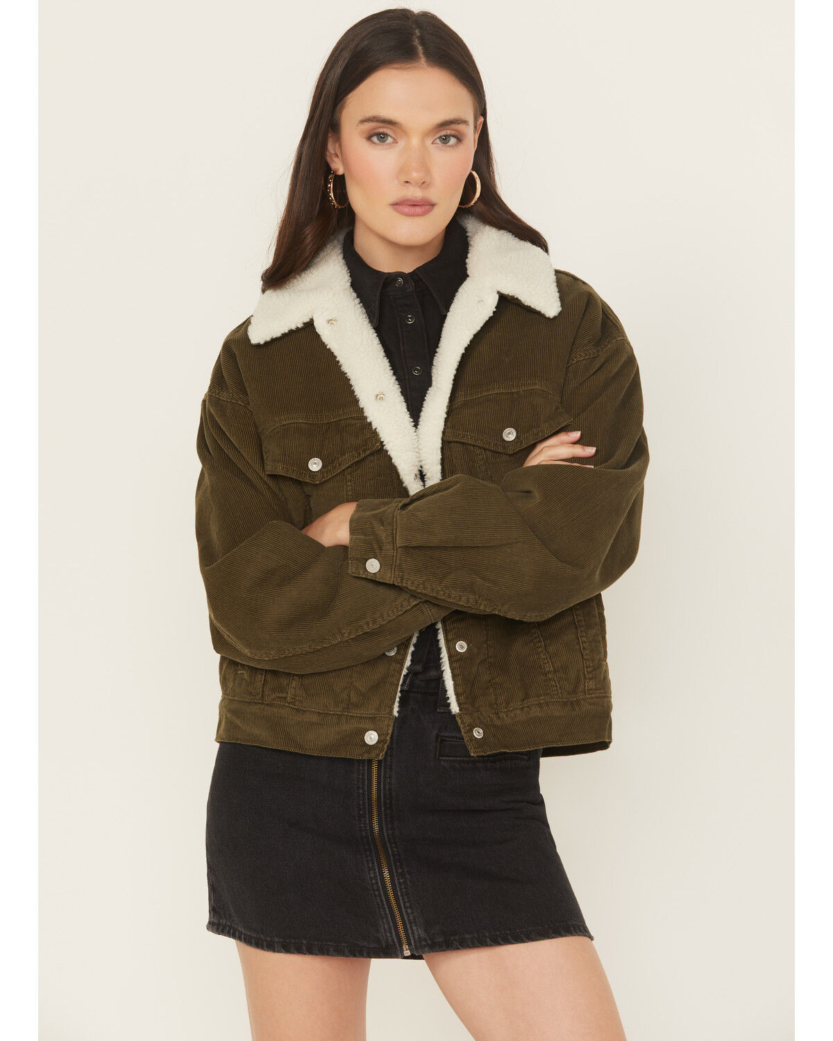 Image #1 - Levi's Women's Corduroy Sherpa Lined Snap Trucker Jacket, Olive, hi-res