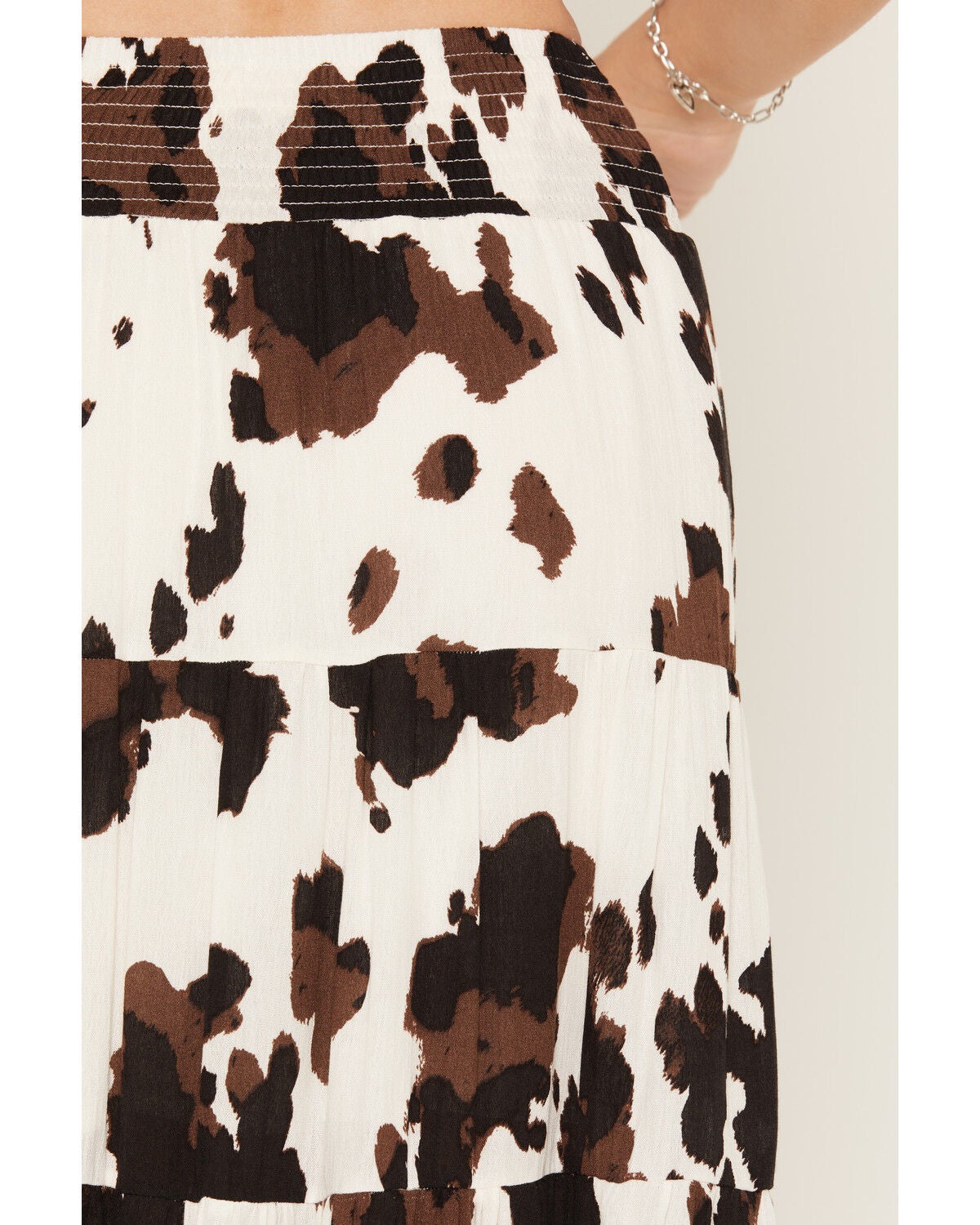 Image #4 - Wild Moss Women's Cow Print Tiered Front High Low Midi Skirt, Brown, hi-res