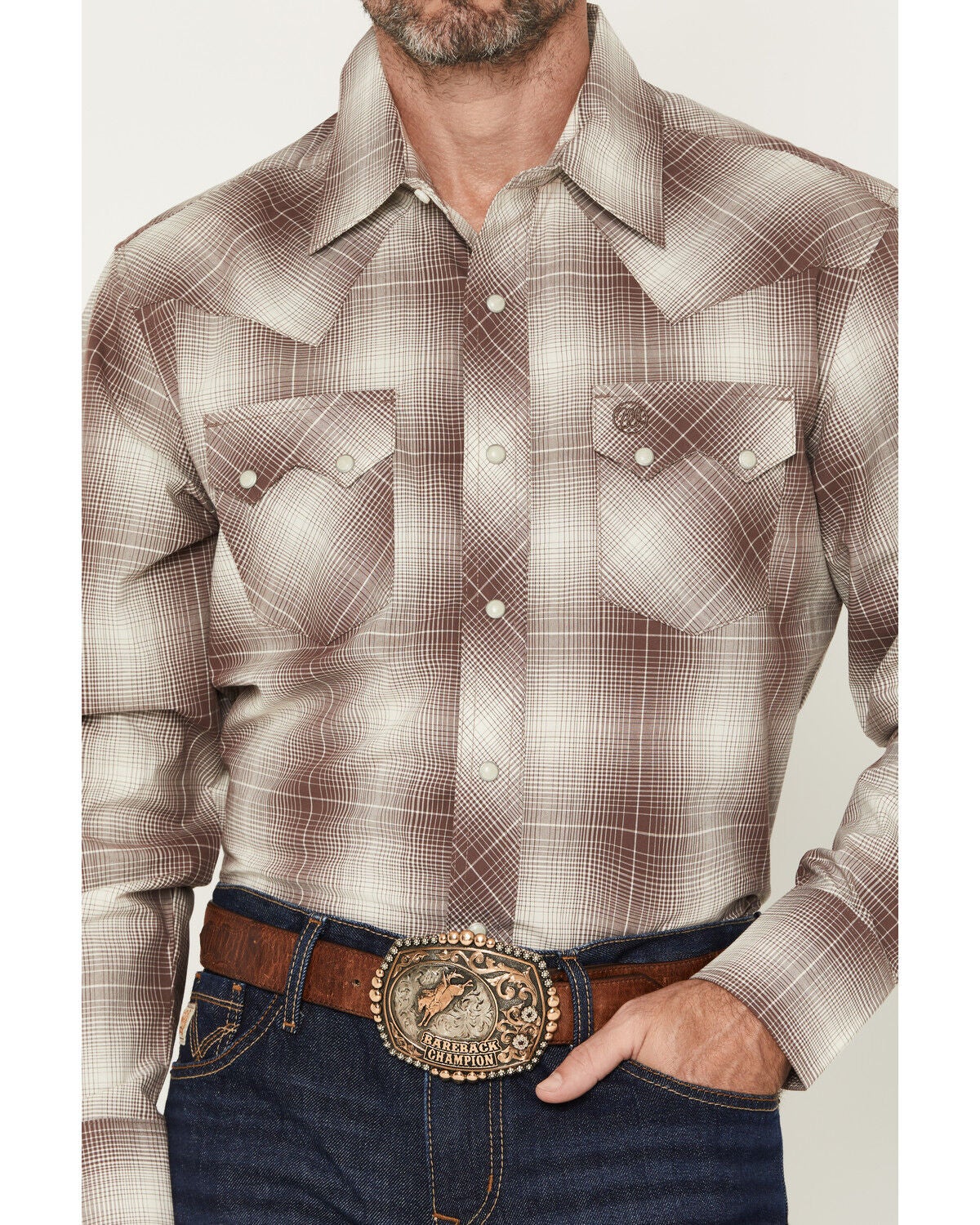 Image #3 - Wrangler Retro Men's Plaid Print Long Sleeve Snap Western Shirt, Brown, hi-res