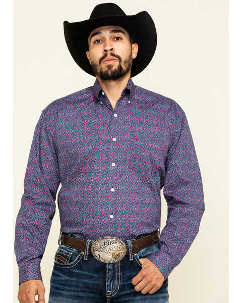 Image #1 - Stetson Men's Classic Medallian Geo Print Long Sleeve Western Shirt , Blue, hi-res