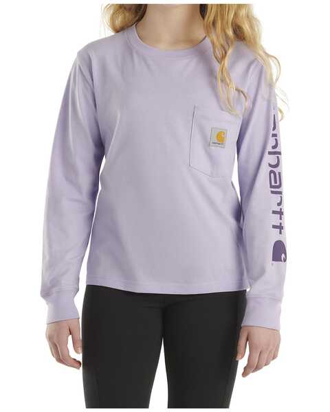 Image #1 - Carhartt Toddler Girls' Logo Pocket Long Sleeve Shirt , Lavender, hi-res