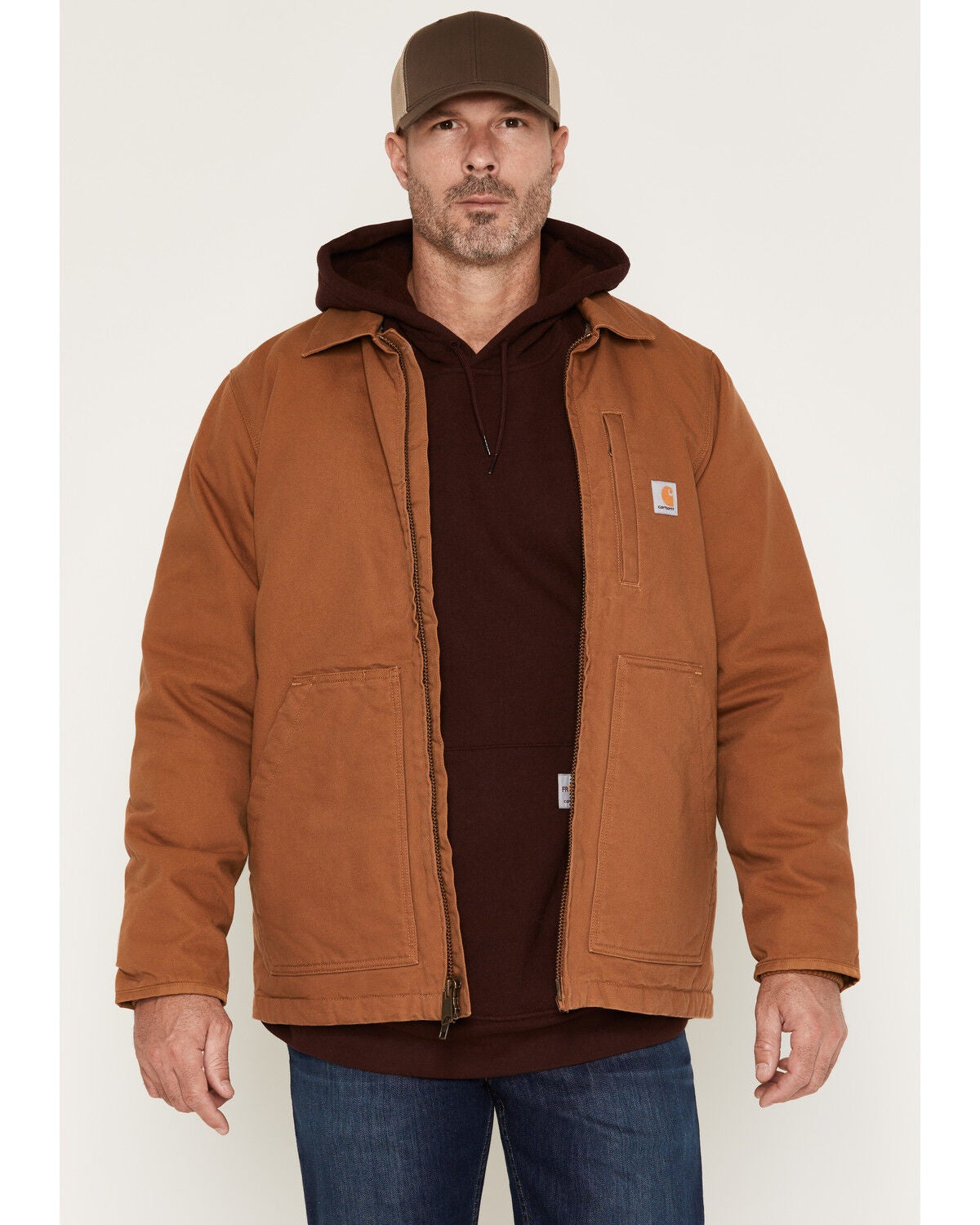 Carhartt Men's Loose Fit Washed Duck Sherpa Lined Coat, Brown, hi-res