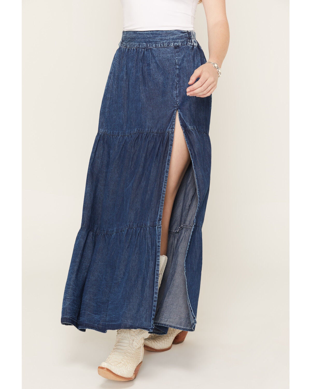 Image #2 - Angie Women's Acid Washed Split Maxi Skirt, Dark Wash, hi-res