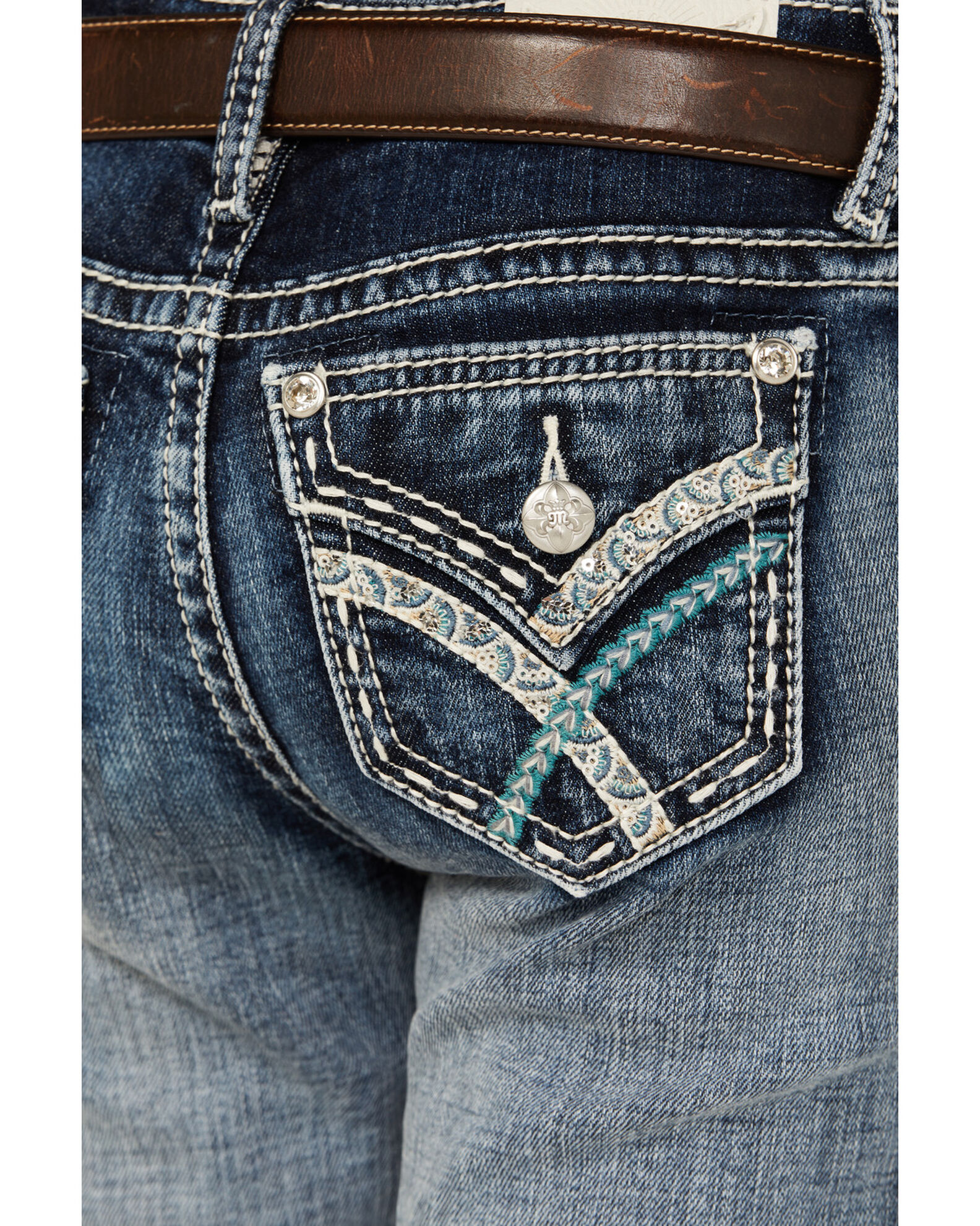 Image #2 - Miss Me Girls' Medium Wash Faded Stretch Bootcut Jeans, Light Blue, hi-res