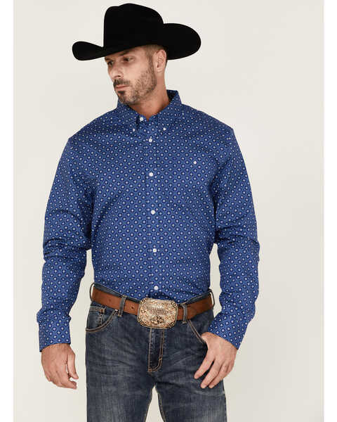 RANK 45 Men's High Roller Geo Print Long Sleeve Button Down Western Shirt , Blue, hi-res