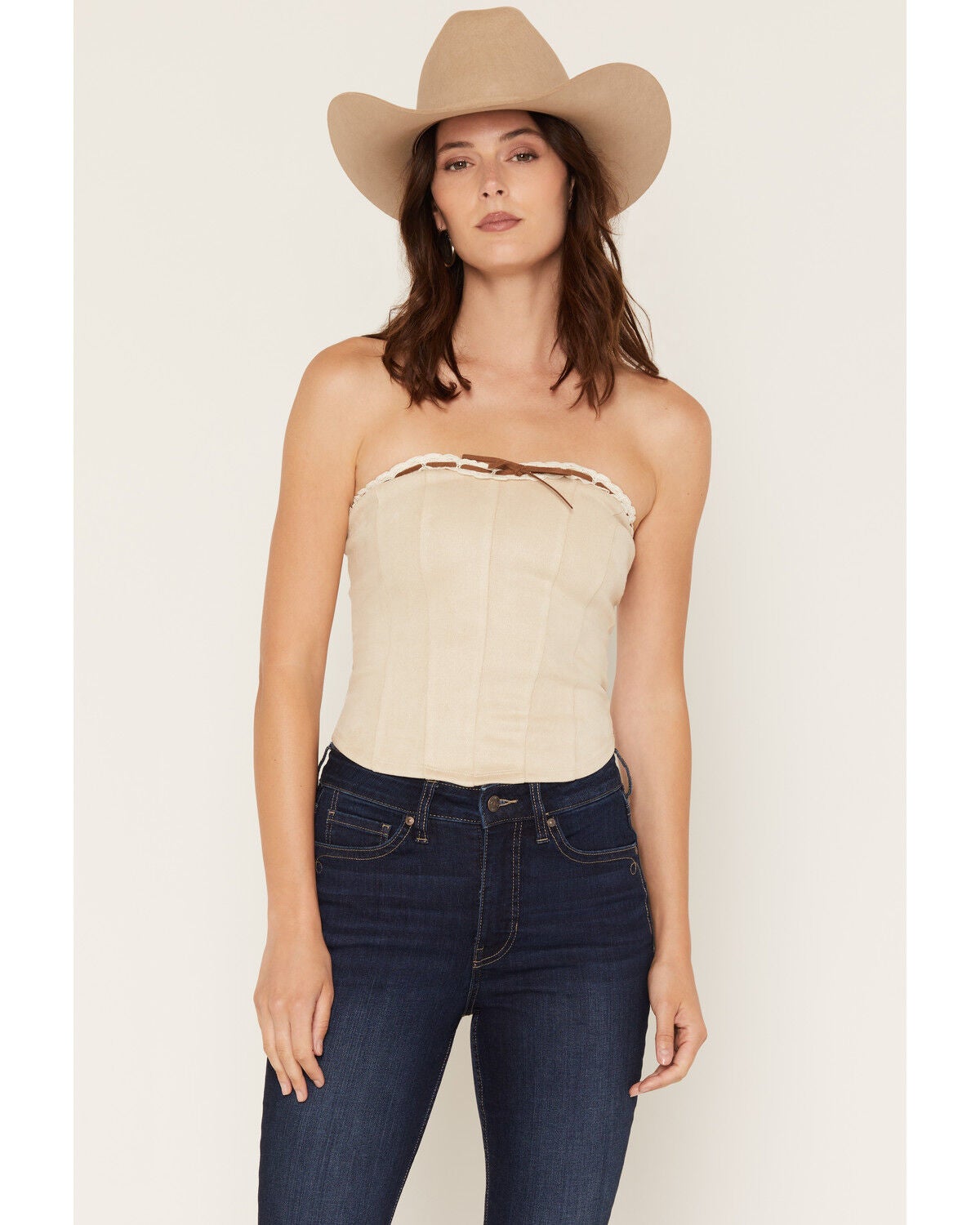 Image #1 - Cleo + Wolf Women's Faux Suede Ribbon Corset Cropped Top, Ivory, hi-res