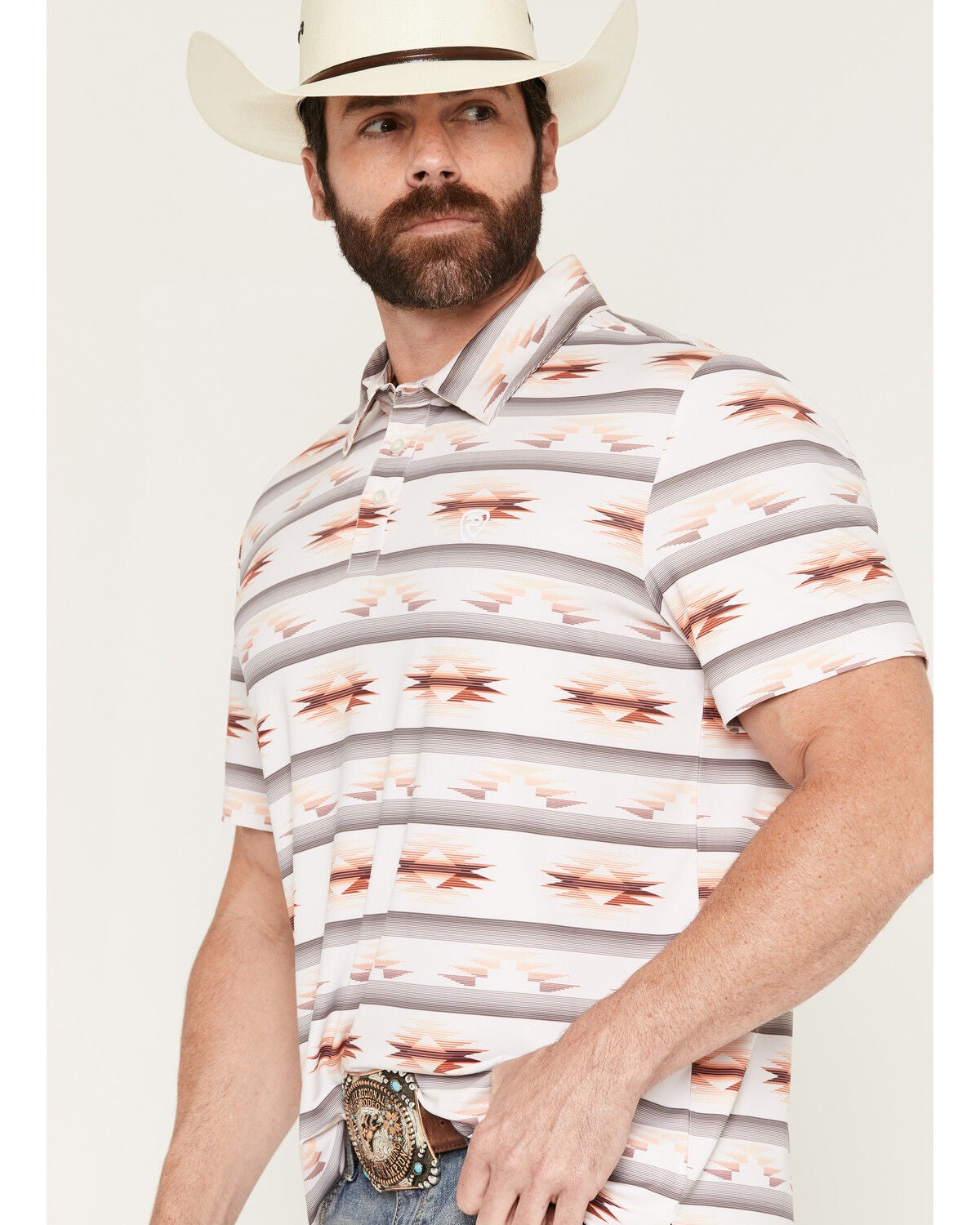 Image #2 - Rock & Roll Denim Men's Southwestern Striped Print Short Sleeve Button-Down Stretch Polo Shirt, Natural, hi-res