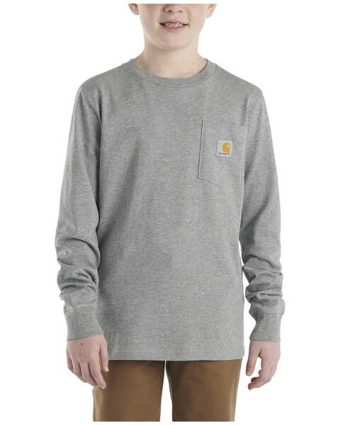 Image #1 - Carhartt Boys' Logo Long Sleeve Pocket T-Shirt, Charcoal, hi-res