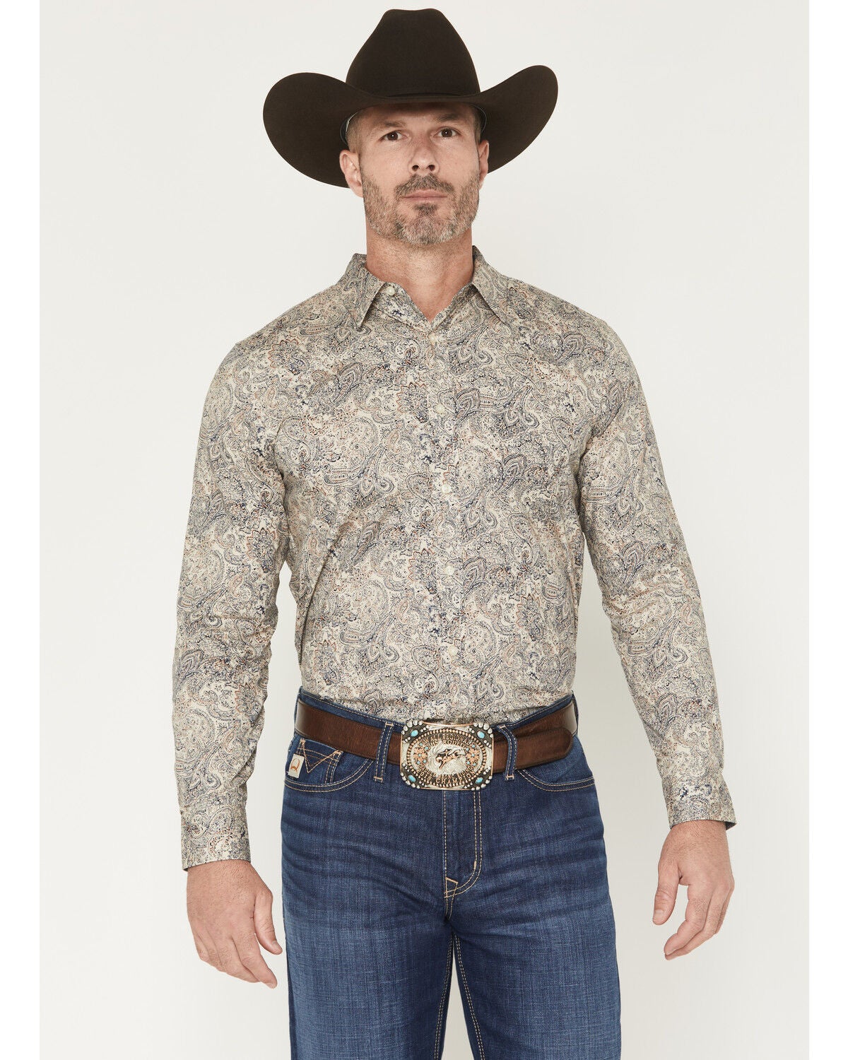 Image #1 - Cody James Men's Neverland Paisley Print Long Sleeve Button-Down Stretch Western Shirt, Cream, hi-res