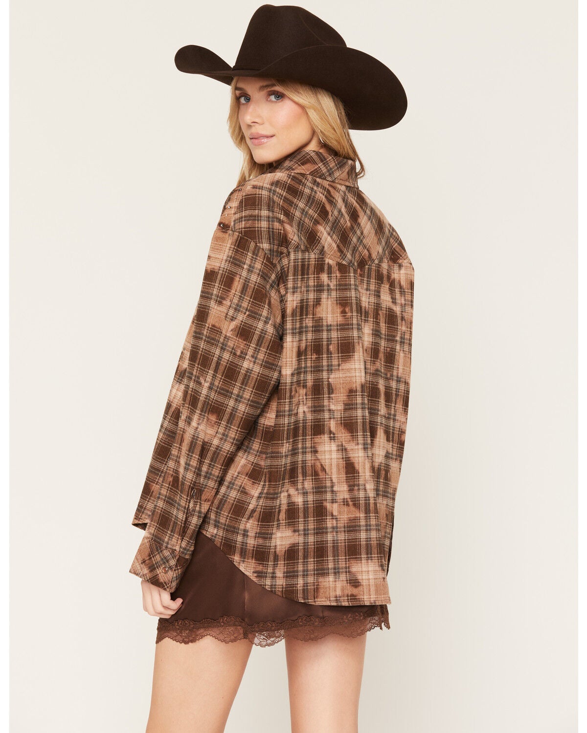 Image #4 - Cleo + Wolf Women's Rhinestone Distressed Plaid Print Long Sleeve Pearl Snap Flannel Shirt, Brown, hi-res