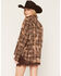 Image #4 - Cleo + Wolf Women's Rhinestone Distressed Plaid Print Long Sleeve Pearl Snap Flannel Shirt, Brown, hi-res