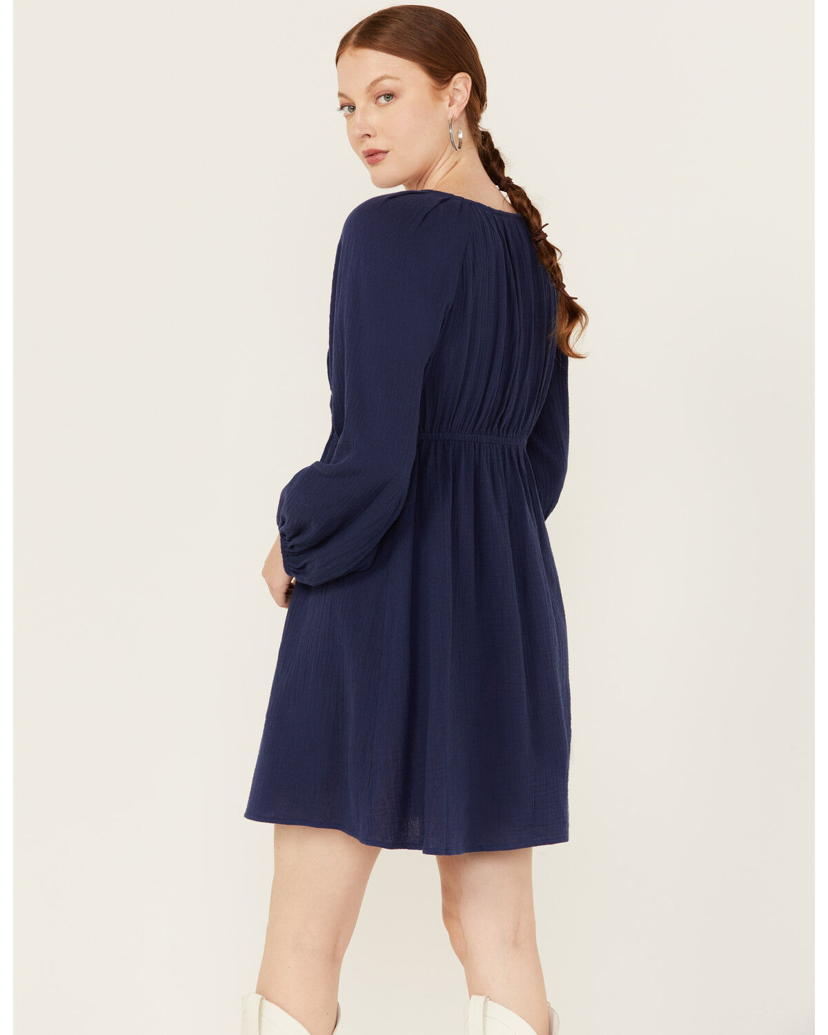 Image #4 - Yura Women's Long Sleeve Peasant Mini Dress, Navy, hi-res