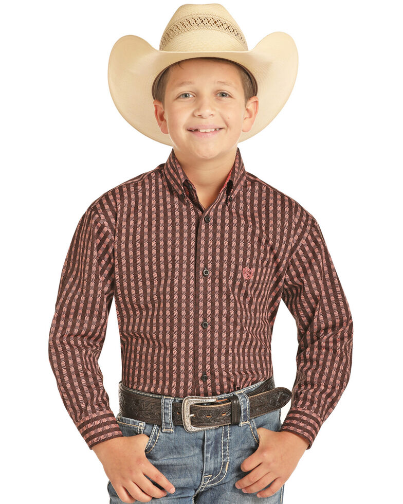 Panhandle Boys' Orange Geo Print Long Sleeve Western Shirt , Orange, hi-res