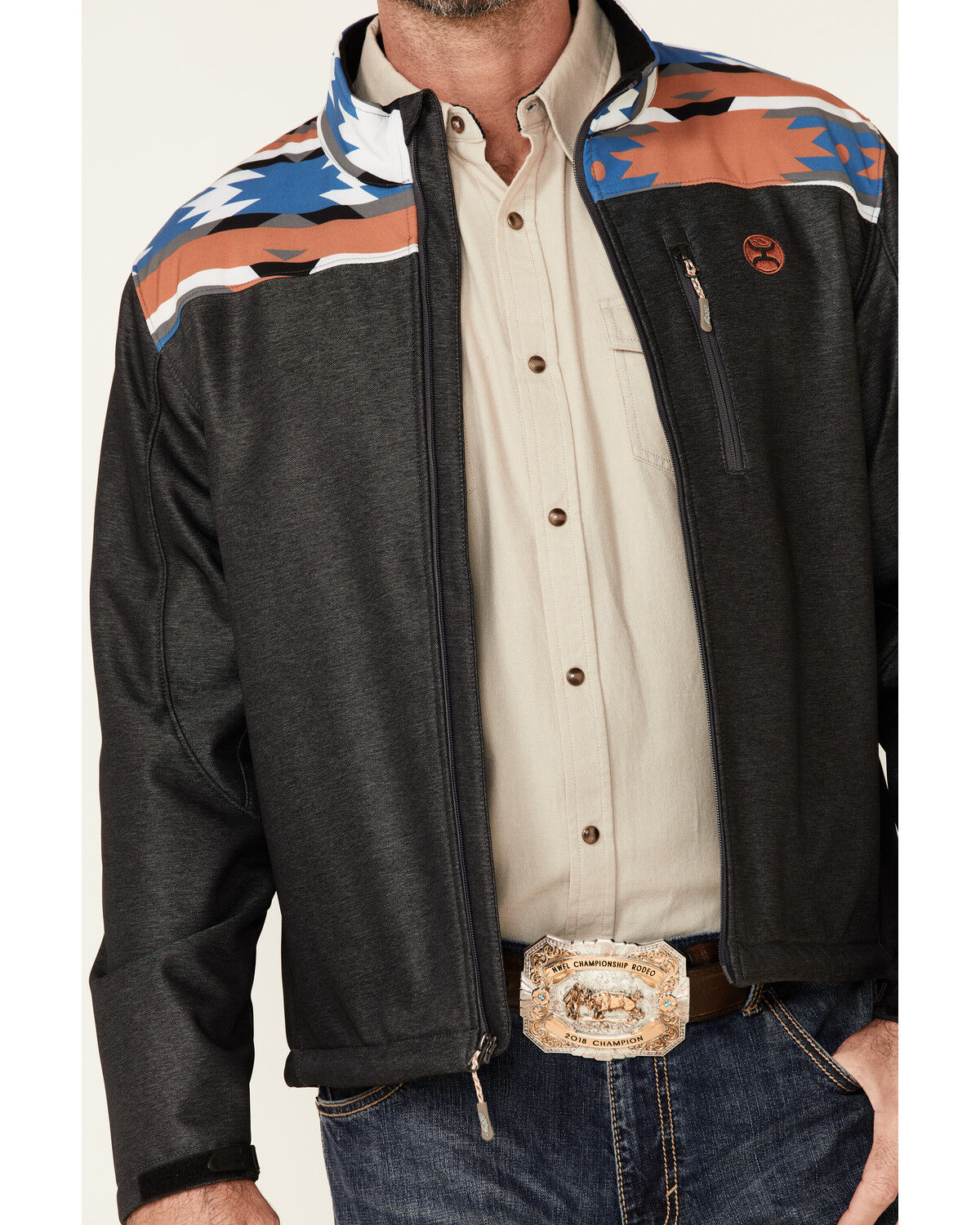 Image #3 - Hooey Men's Southwestern Print Zip-Front Softshell Jacket, Charcoal, hi-res