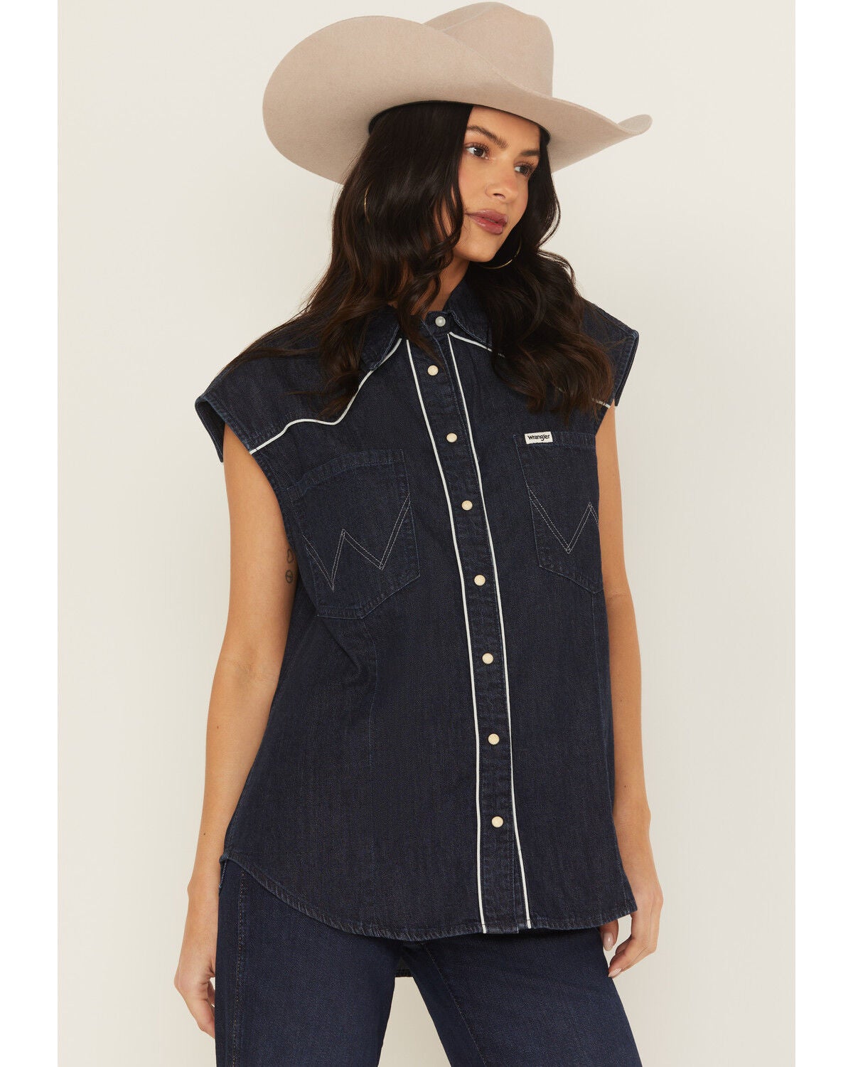 Wrangler Women's Modern Sleeveless Denim Western Shirt, Blue, hi-res