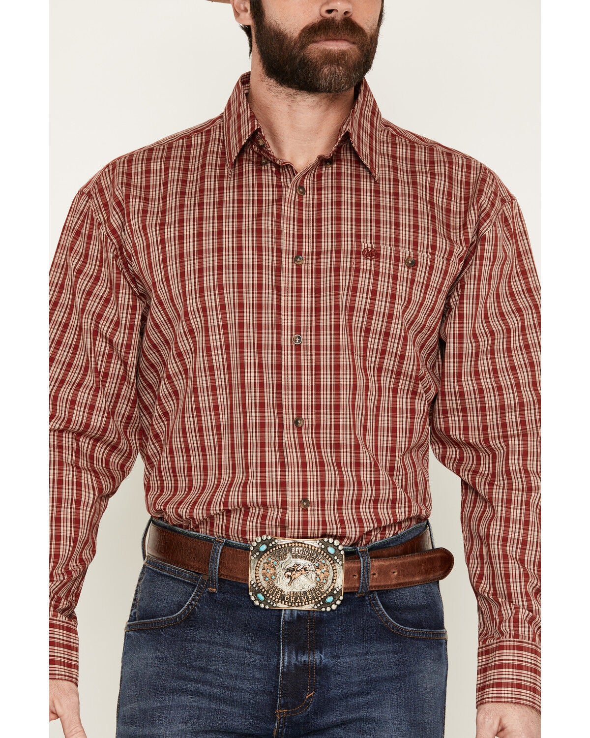 Image #3 - Wrangler Men's Classic Plaid Print Long Sleeve Button-Down Western Shirt, Red, hi-res