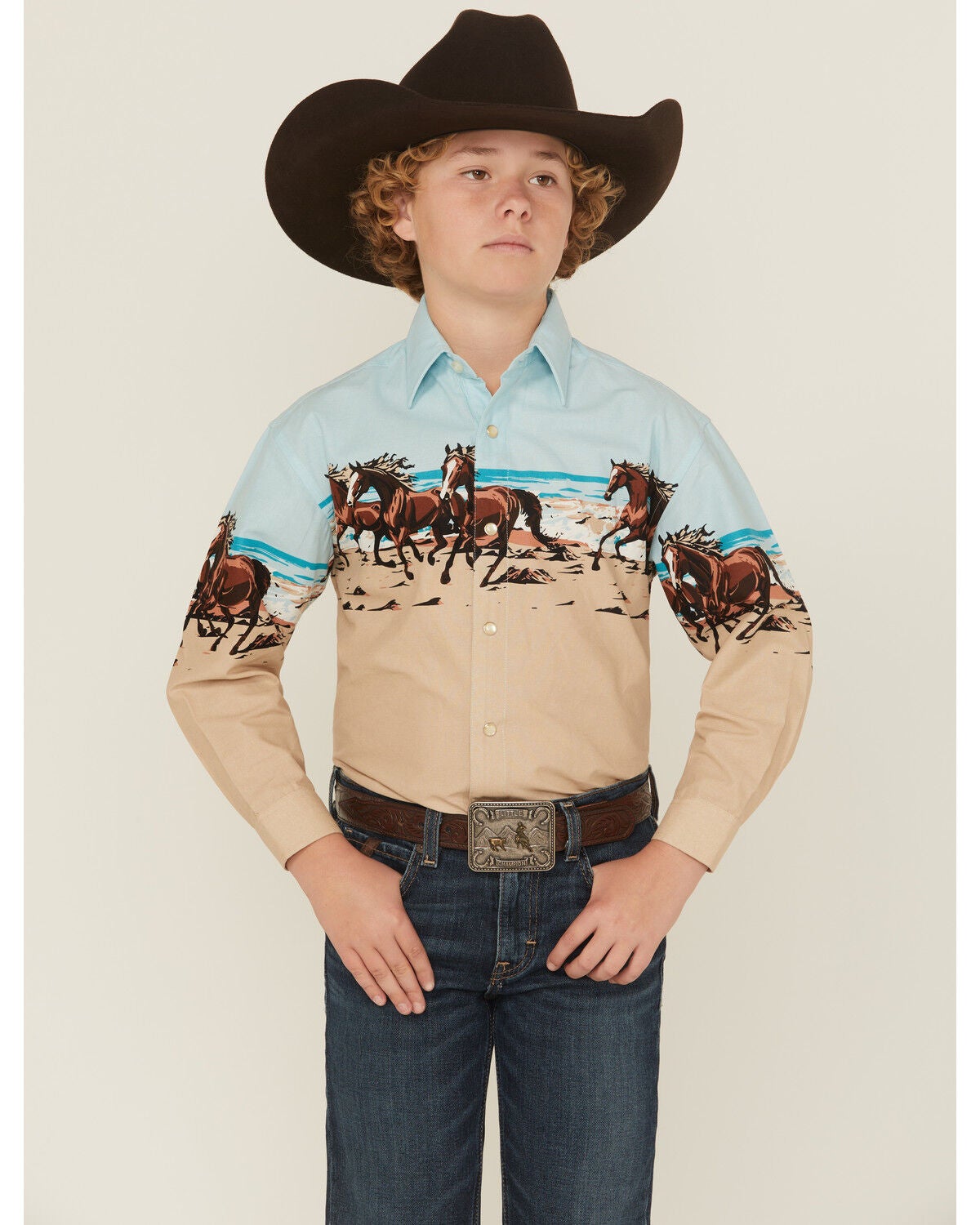 Panhandle Slim Boys' Horses And Beach Border Long Sleeve Snap Western Shirt, Tan, hi-res