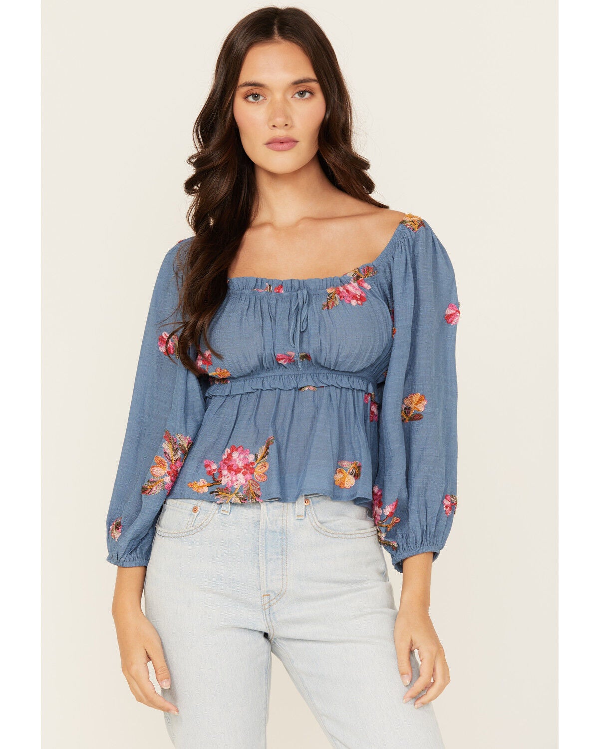 Wild Moss Women's Floral Embroidered 3/4 Sleeve Top, Blue, hi-res