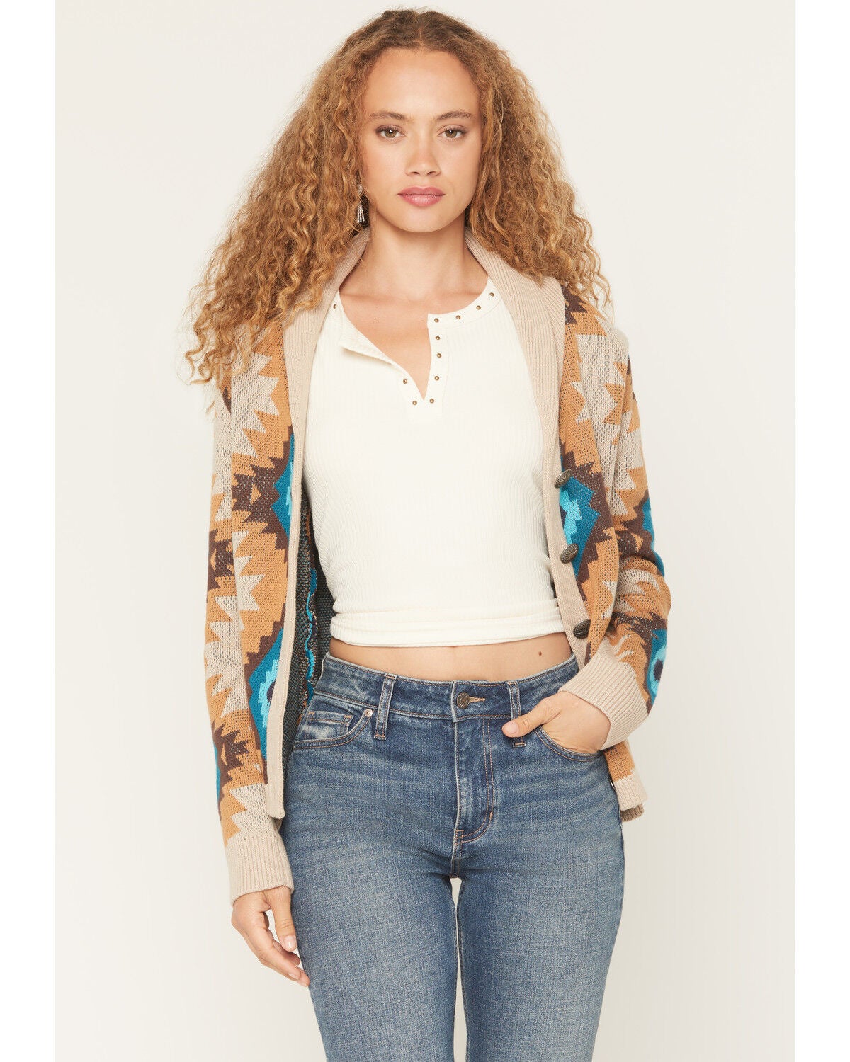 Image #1 - Cotton & Rye Women's Southwestern Button-Down Cardigan, Tan, hi-res
